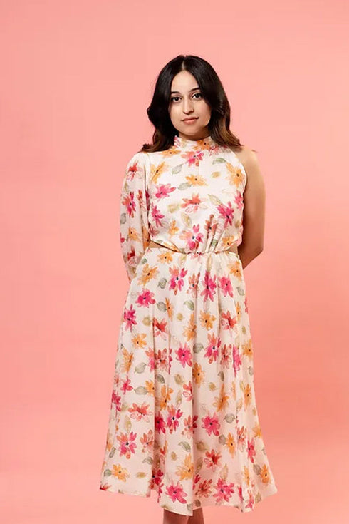 White Floral One Sleeve Midi Dress With Waist Cut